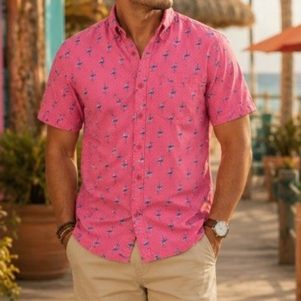 Tropical Flamingo Print 100% Cotton Relaxed Button Up Pink Men's Medium Fresh